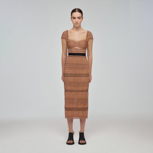 NWT Self Portrait Tan Mesh Dot Shirred Midi US 6 UK 10 - Picture 1 of 1